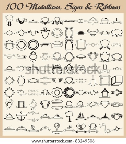 Vector set of 100 vinyl ready medallions, sign designs and ribbons.