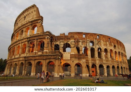 ROME, Italy - SEPTEMBER 27: Colosseum on September 27, 2011 in Rome Italy. The Colosseum is one of Rome\'s most popular tourist attractions in the evening