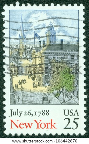 USA - CIRCA 1988: A Stamp printed in USA shows old New York scene, Ratification of the Constitution series, circa 1988