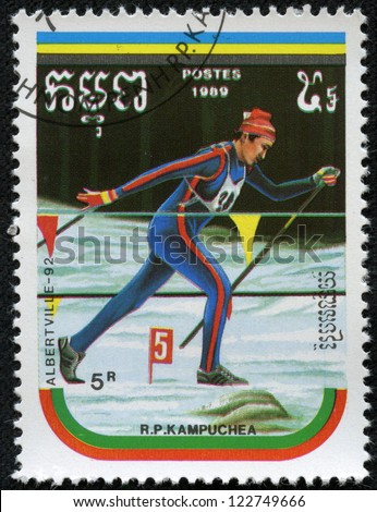 CAMBODIA - CIRCA 1989: A stamp printed by CAMBODIA shows the cross-country skiing. Winter Games in Albertville 1992 series, circa 1989