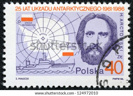 POLAND - CIRCA 1986: A stamp printed in Poland, shows Map of Antarctica and portrait of a man., circa 1986