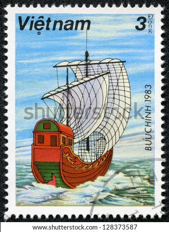 VIETNAM - CIRCA 1983: A post stamp printed in Vietnam shows ancient sailing ship, series, circa 1983