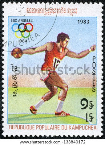 KAMPUCHEA-CIRCA 1983: A stamp printed in the Kampuchea, is dedicated to Summer Olympic Games in Los Angeles, Discus, circa 1983