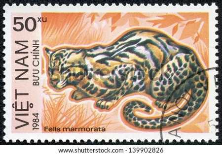 VIETNAM - CIRCA 1984: A stamp printed in Vietnam shows Felis marmorata or marbled cat, series is devoted to animals endangered, circa 1984