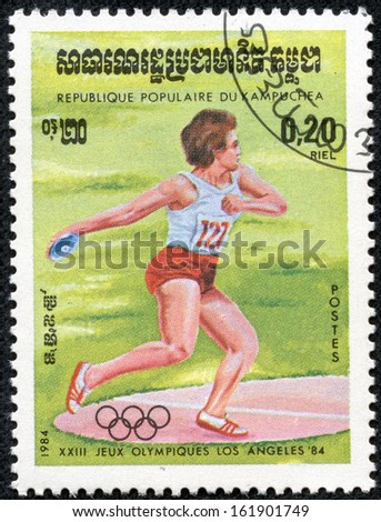 KAMPUCHEA-CIRCA 1984: A stamp printed in the Kampuchea, is dedicated to Summer Olympic Games in Los Angeles, Discus, circa 1984