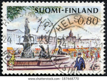 FINLAND - CIRCA 1976: stamp printed by Finland, shows Helsinki Market Place and Mermaid Fountain, circa 1976