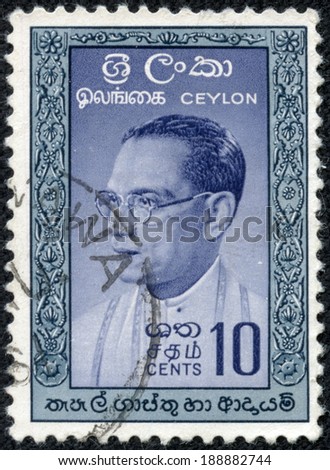 CEYLON - CIRCA 1963: A stamp printed in Ceylon shows Prime Minister Bandaranaike, circa 1963