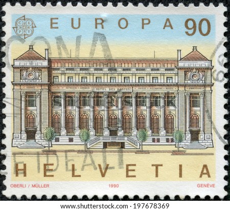 SWITZERLAND - CIRCA 1990: a stamp printed in the Switzerland shows Post Office, Geneva, circa 1990