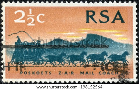 SOUTH AFRICA - CIRCA 1969: A stamp printed in South Africa (RSA) honoring Centenary of First Stamps of the South African Republic (Transvaal), shows Mail Coach , circa 1969
