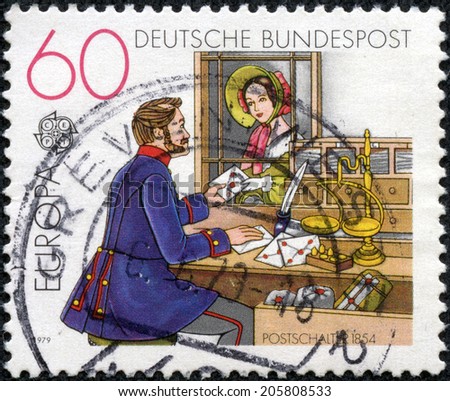 GERMANY - CIRCA 1979: a stamp printed in the Germany shows Post Office Window, 1854, circa 1979