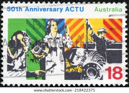 AUSTRALIA - CIRCA 1977: A Stamp printed in AUSTRALIA shows the Workers, Australian Council of Trade Unions (ACTU), 50th anniversary, circa 1977