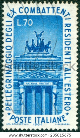 ITALY - CIRCA 1964: a stamp printed in the Italy shows Left Arch of Victor Emmanuel Monument, Rome, Pilgrimage to Rome of Veterans Living abroad, circa 1964