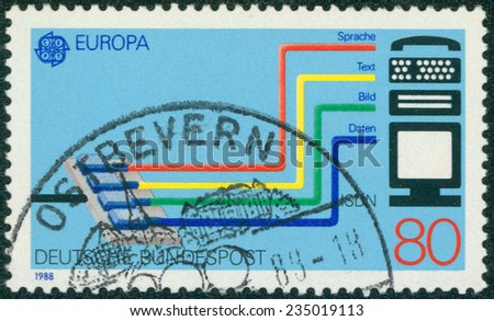 GERMANY - CIRCA 1988: A stamp printed in German Federal Republic dedicated to Transport and communication, shows the Integrated Services Digital Network (ISDN) system, circa 1988
