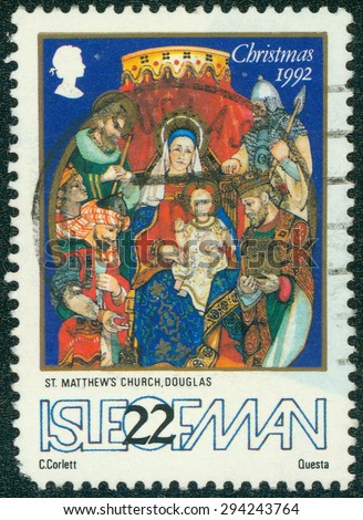 ISLE OF MAN - CIRCA 1992: Christmas. Nativity window, St. German\'s Cathedral, Peel, circa 1992.