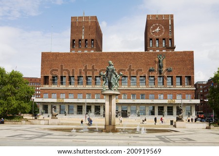 OSLO, NORWAY - JULY 3, 2013: The Oslo City Hall. The Oslo City Hall is house of the city council and city administration. The house was built in 1950. Here takes place the Nobel Peace Prize ceremony.