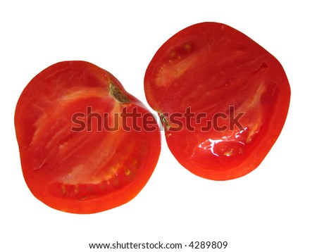 The tomato divided in half on white background.