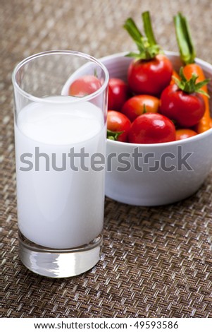 Glass of Milk and Bowl of Cherry Tomatoes and Mini Carrots on Patterned Placemat