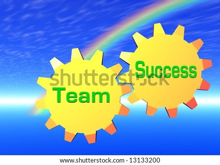 Team and success gears mesh in sky with rainbow