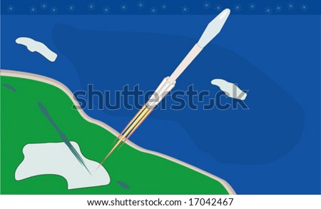 Rocket blasting off from land with sea and clouds
