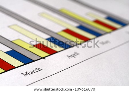 Colorful sales charts with ball pen.