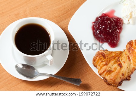 Light meal with coffee, bread and jam.