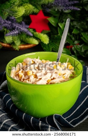 Similar – Image, Stock Photo Preparing a ham salad with rice to take away. The containers used are compostable.