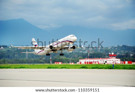 SOCHI,RUSSIA-AUGUST16:TU-214SUS Russian government Squadron takes off from the airport on August 16,2012 in Sochi, Russia. This liner is designed to carry the head of state and government delegations.