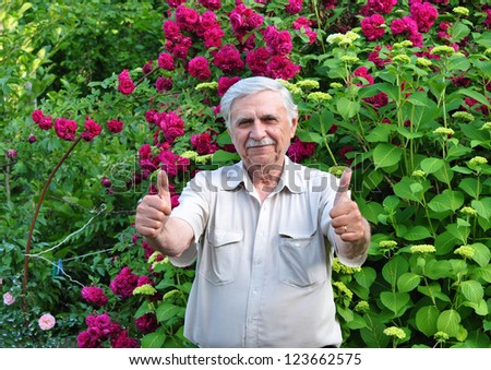 An elderly white-haired man in a garden on a background of rose bushes raised thumbs up