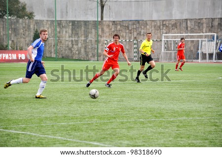 SOCHI,RUSSIA-MARCH 20:7-a-side soccer match Russia (red) VS Great Britain (blue) for people with cerebral palsy on Mar. 20 2012 in Sochi.The tournament is in preparation for Paralympics 2012 in London