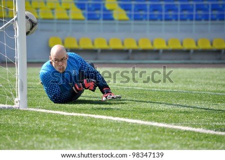 SOCHI,RUSSIA-MARCH 20:7-a-side soccer match for people with cerebral palsy on Mar. 20 2012 in Sochi is in preparation for Paralympics 2012 in London. Netherland goalkeeper