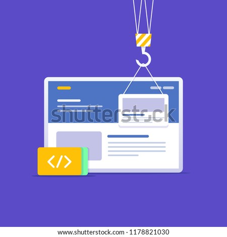 Website building concept. Website layout presented on the screen display with crane carrying drag and drop block element with code snippets in the front. Layered vector illustration in flat style.