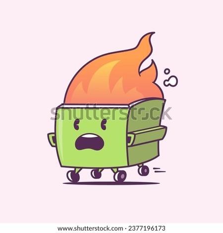 Dumpster on fire. Cartoon kawaii character vector illustration