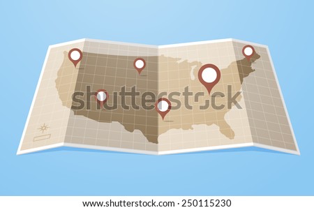 Flat style United States of America map with gps pointers .Layered vector illustration EPS 10 file.