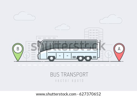 White bus vehicle traveling route with red and green location marker in the city . Vector illustration in line art drawing style
