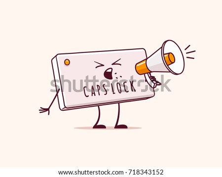 Caps lock computer key cartoon character yelling at bullhorn which holds in hands vector illustration