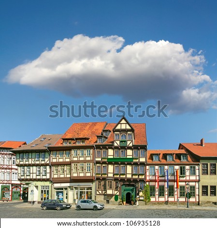 Square with half-timbered houses in the historic old town of Quedlinburg, Germany, UNESCO World Heritage Site