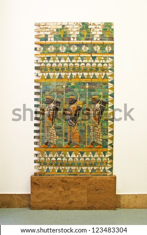 BERLIN, GERMANY-APRIL 2: Pergamon museum - relief showing a royal bodyguard. Susa - from the palace of Darius I (521-486 BC). Coarse - grained vitreous material, with colored glaze in 2010