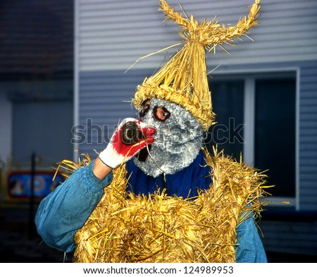 DOBRA, LESSER POLAND - MARCH 28: Straw masks during Easter Monday awaiting women and girls so that they can pour water on march 28, 2005 in Dobra village, Poland