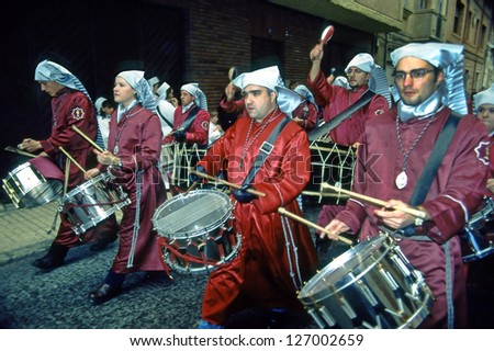 TERUEL - MARCH 28: Drummers celebrate Easter - celebrated every year on Palm Sunday. March 28, 1999 in Teruel, Aragon, Spain