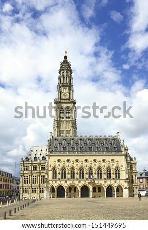 Town hall with a tower in Arras that belongs to the set of belfries of Belgium and France - UNESCO World Heritage Site. The historic centre of the Artois region.