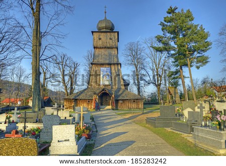 LACHOWICE, POLAND - MARCH 29: Wooden church holy Apostles Peters and Pawel on March 29, 2014 in Lachowice. This church is UNESCO World Heritage Site