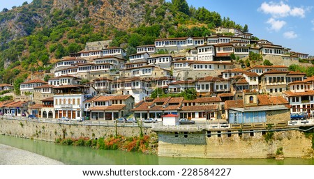 Old town Berati, windows in Berat - also called city of a thousand windows. Albania, World Heritage Site by UNESCO