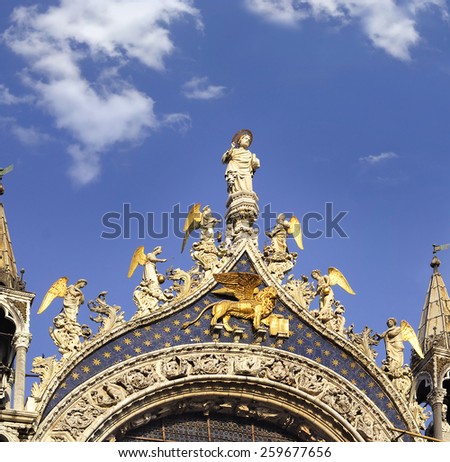 St. Marco cathedral with the statues of St. Marco and Angels, San Marco Square, Venice, Italy - UNESCO World Heritage Site