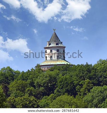 Sobotka - Humprecht castle. Baroque and Renaissance hunting chateau Humprecht dominates the region and one of the symbols of the region called Bohemian Paradise, Czech Republic, Europe.