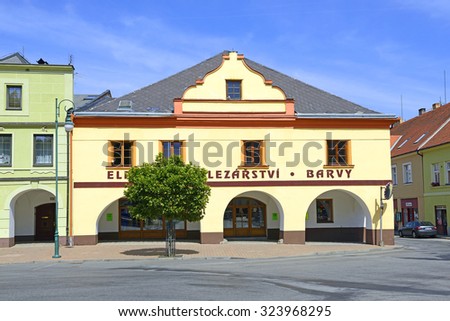 NETOLICE, CZECH REPUBLIC - AUGUST 21, 2015: Historic houses on the main square. Netolice is one of the oldest South Bohemian towns. The historic city center is the urban area.