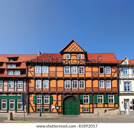 Street with half-timbered houses in the historic old town of Quedlinburg, Germany, UNESCO World Heritage Site