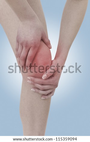 Acute pain in a woman  knee. Female holding hand to spot of knee-aches. Concept photo with Color Enhanced skin with read spot indicating location of the pain. Isolation on a white background.