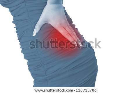 Acute pain in a woman abdomen. Female holding hand to spot of Abdomen-ache. Concept photo with Color Enhanced blue skin with read spot indicating location of the pain. Isolation on a white.