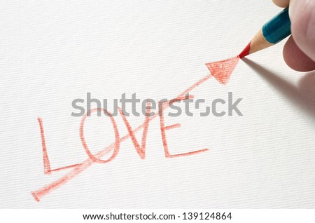 A red pencil is being smashed on the paper with great force after writing the word 'Love'.
