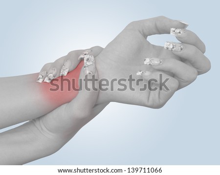 Acute pain in a woman wrist. Female holding hand to spot of wrist pain. Concept photo with Color Enhanced blue skin with read spot indicating location of the pain. Isolation on a white background.